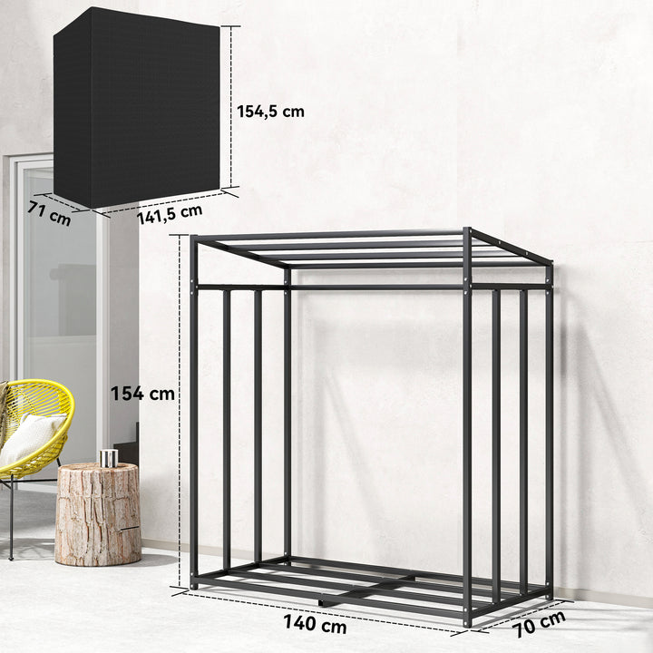 Suporte Metálico para Lenha 140x70x154 cm Suporte para Lenha de Exterior com Capa Impermeável 600D Oxford Estrutura de Aço Capacidade de 300 kg para Jardim Preto
