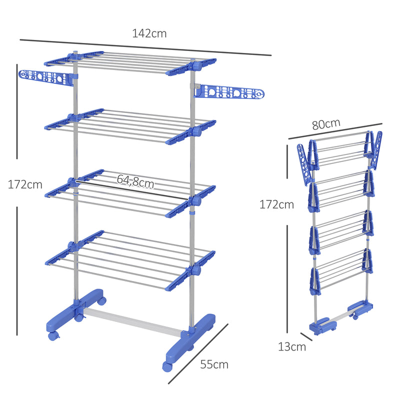 Estendal Vertical Dobrável de 4 Níveis Estendal de Roupa com 6 Rodas 2 Laterais Dobráveis Prateleiras Ajustáveis e Estrutura de Aço Inoxídável para Interior e Exterior Azul