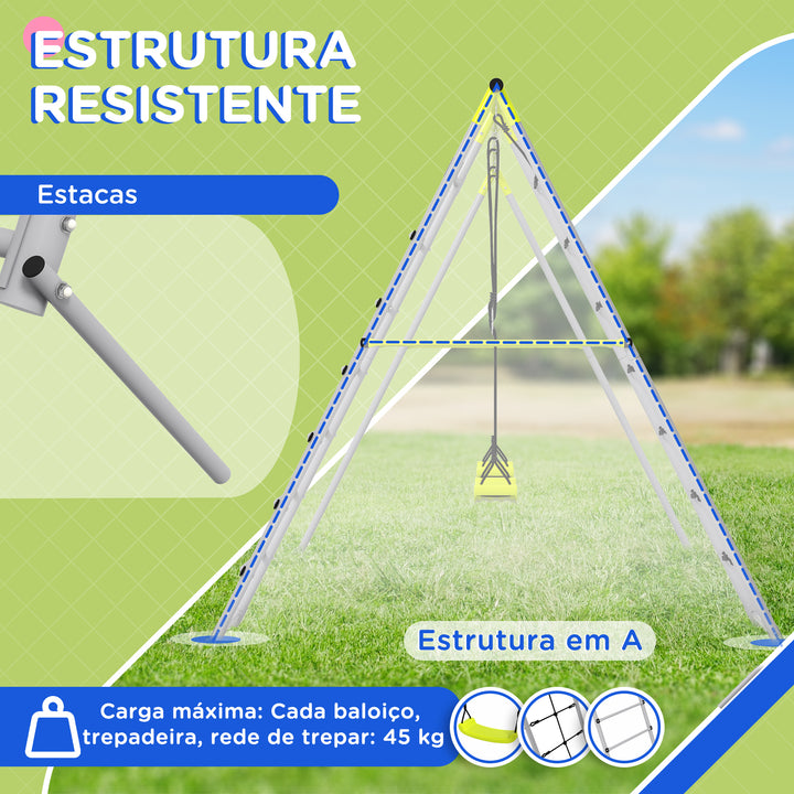 Baloiço para Crianças 4 em 1 Baloiço Jardim com 2 Baloiços Trepador Rede de Escalada Corda Ajustável e Anti-UV Baloiço Infantil Carga 180 kg 260x185x180 cm Cinza e Verde