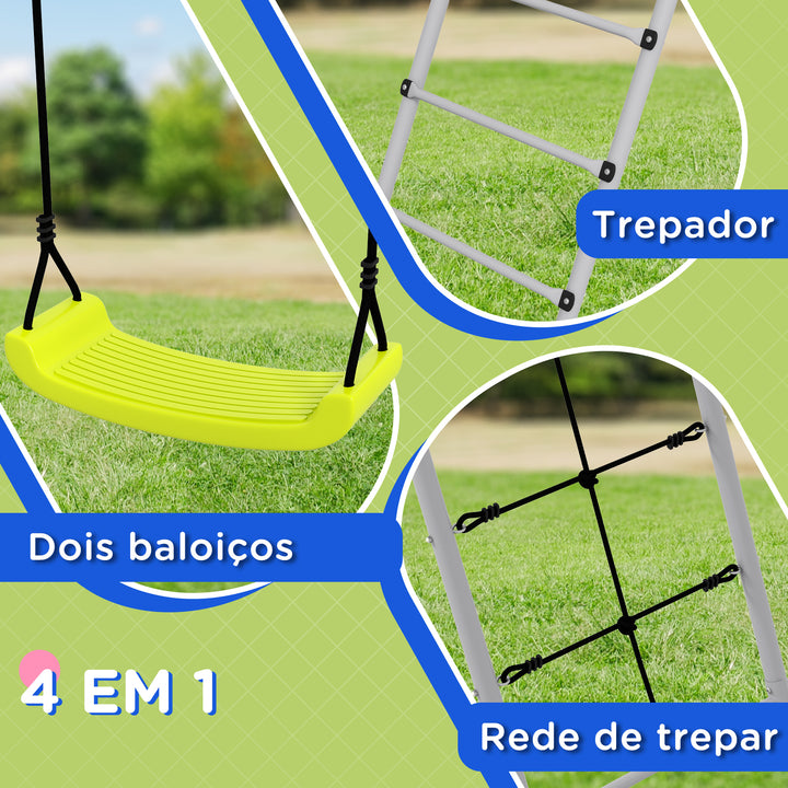 Baloiço para Crianças 4 em 1 Baloiço Jardim com 2 Baloiços Trepador Rede de Escalada Corda Ajustável e Anti-UV Baloiço Infantil Carga 180 kg 260x185x180 cm Cinza e Verde