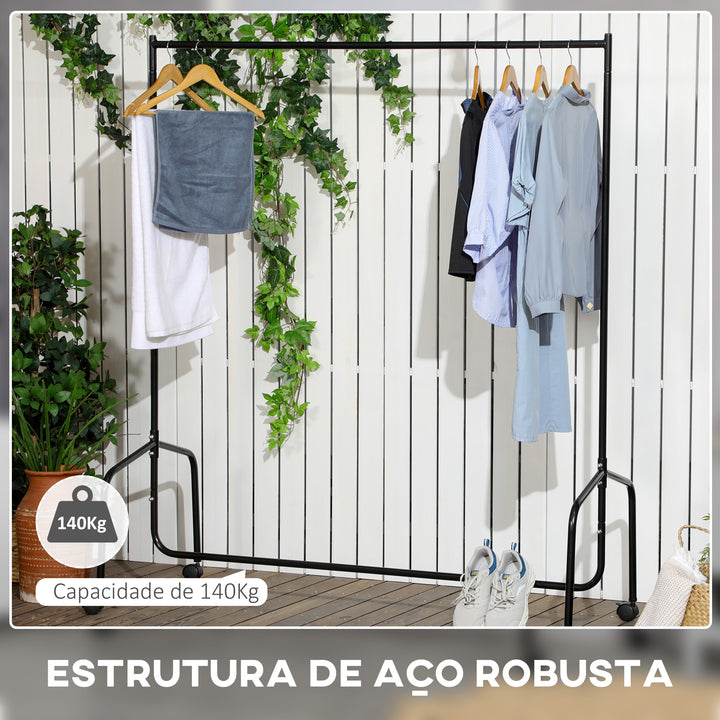 Suporte de cabide para Roupa com tubo de ferro e 4 rodas - Cor Preto - Ferro - 150x60x150cm