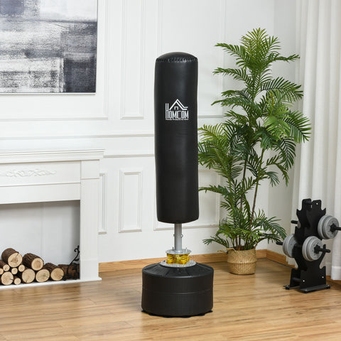 Saco de Boxe de Pé para Adultos 170 cm Altura Ajustável em 3 Níveis Punching Ball com Base Preenchível de Areia 45 kg ou Água 30 kg para Casa Ginásio Ø50x 170 cm Preto