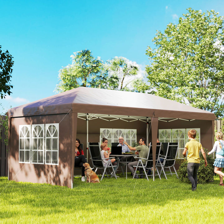 Tenda Dobrável 6x3 m Pop-up com 4 Laterais Removíveis Toldo de Jardim com 4 Janelas Visíveis Bolsa de Transporte UPF50+ Tenda para Campismo Festas Exterior Castanho