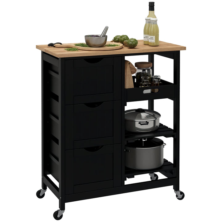 Carrinho de Cozinha com Rodas Carrinho de Serviço Multiuso com 3 Gavetas 2 Prateleiras Abertas e Bandeja para Sala de Jantar Sala de Estar 67x37x85,5 cm Preto