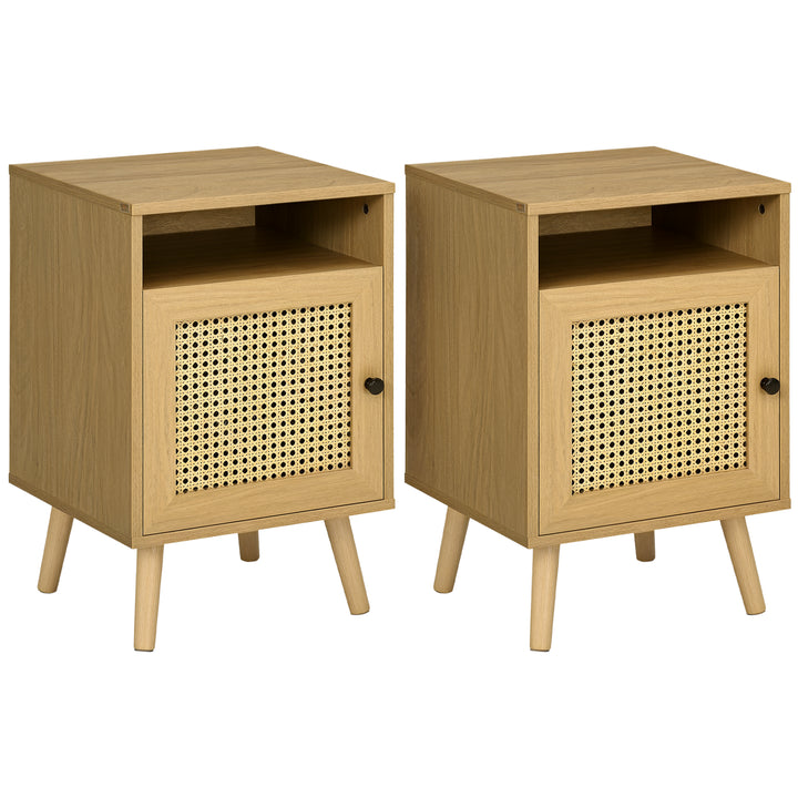 Conjunto de 2 Mesas de Cabeceira Mesas de Cabeceira com Portas de Vime e Prateleira Aberta Mesa Auxiliar para Dormitório Sala de Estar 39x35x60 cm Madeira