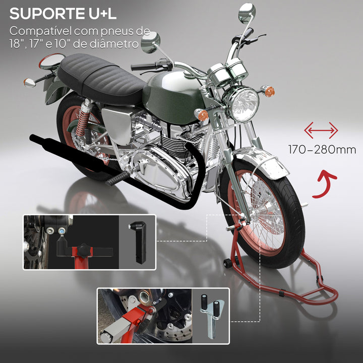 Suporte de Moto Dianteiro Universal de Aço para Roda de 10" 17" 18" Carga 200 kg com Garfos em U e L Ajustáveis Rodas e Almofadas Antiderrapantes para Reparação em Garagem 70x47x34,5 cm Vermelho