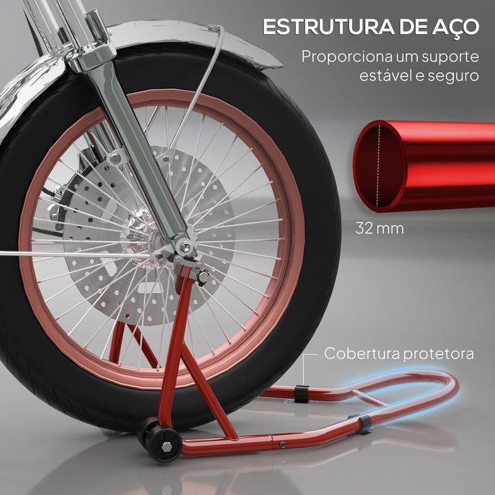 Suporte de Moto Dianteiro Universal de Aço para Roda de 10" 17" 18" Carga 200 kg com Garfos em U e L Ajustáveis Rodas e Almofadas Antiderrapantes para Reparação em Garagem 70x47x34,5 cm Vermelho