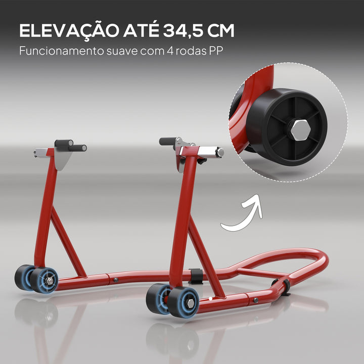 Suporte de Moto Dianteiro Universal de Aço para Roda de 10" 17" 18" Carga 200 kg com Garfos em U e L Ajustáveis Rodas e Almofadas Antiderrapantes para Reparação em Garagem 70x47x34,5 cm Vermelho