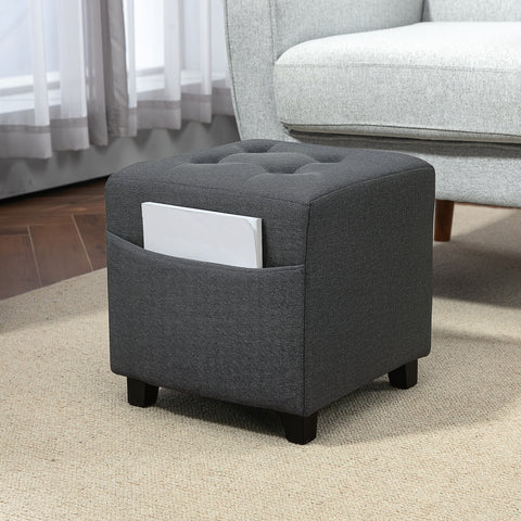 Apoio para os Pés Sala de Estar Banco Estofado em Linho com Bolso Lateral Tampa com Botões Acolchoados e Estrutura de Madeira para Sala de Estar Dormitório 35x35x35 cm Cinzento