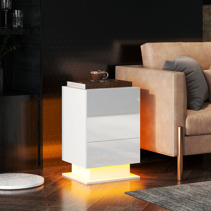 Mesa de Cabeceira com Faixa de Luz LED Multicolor Variável Mesa Auxiliar com 3 Gavetas Estilo Moderno Mesa Lateral para Dormitório Sala de Estar 40x35x60 cm Branco Brilhante