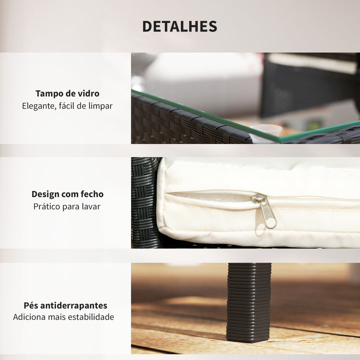 Conjunto de Jardim de Vime Sintético Conjunto de 4 Peças Móveis de Jardim com 2 Poltronas 1 Sofá de 2 Lugares 1 Mesa de Centro com Tampo de Vidro e Almofadas Preto e Branco