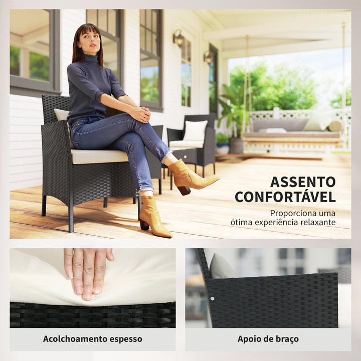Conjunto de Jardim de Vime Sintético Conjunto de 4 Peças Móveis de Jardim com 2 Poltronas 1 Sofá de 2 Lugares 1 Mesa de Centro com Tampo de Vidro e Almofadas Preto e Branco