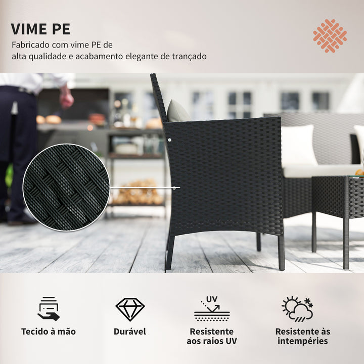 Conjunto de Jardim de Vime Sintético Conjunto de 4 Peças Móveis de Jardim com 2 Poltronas 1 Sofá de 2 Lugares 1 Mesa de Centro com Tampo de Vidro e Almofadas Preto e Branco
