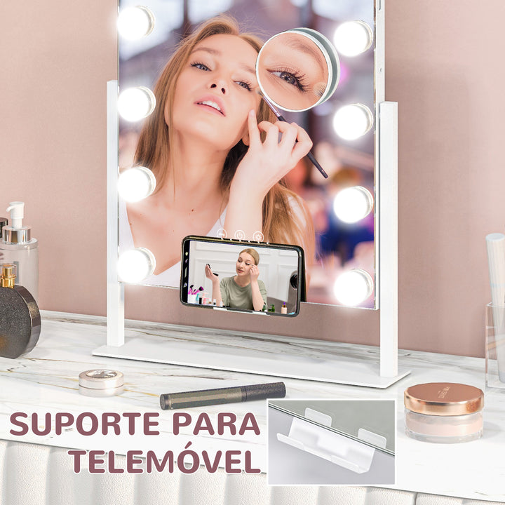 Espelho de Maquilhagem Estilo Hollywood com Luzes Espelho de Toucador Giratório 58x46 cm com 14 Lâmpadas LED 3 Modos de Iluminação Ajustáveis Interruptor Tátil Suporte para Telemóvel e Entrada USB Preto