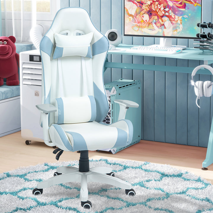 Cadeira Gaming Reclinável Cadeira Gamer Giratória com Almofada Lombar Apoios de Braços Ajustáveis Apoio de Cabeça Basculante e Altura Ajustável para Escritório 67x60x120-128 cm Branco e Azul