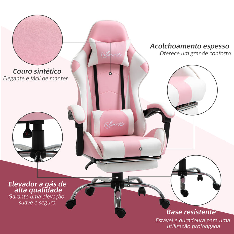 Cadeira de Gaming Reclinável Cadeira Gaming Giratória com Apoio para a Cabeça Apoio para os Pés Almofada Lombar Altura Ajustável para Escritório Estúdio 64x67x119-127 cm Rosa