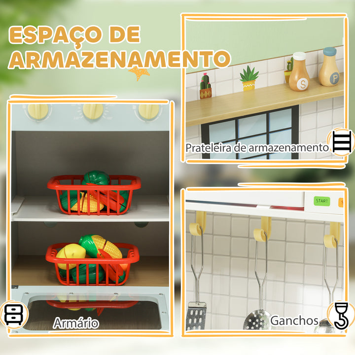 Cozinha de Madeira para Crianças acima de 3 Anos Cozinha de Brincar Infantil com Som Fogão Lavatório Micro-Ondas e Acessórios Azul