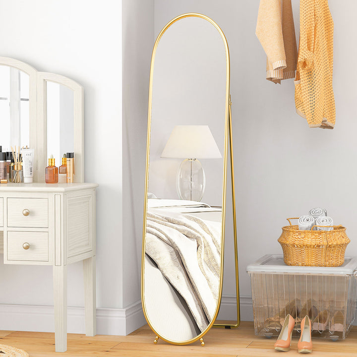 Espelho de Pé 160x40 cm Espelho de Corpo Inteiro com Moldura Metálica Espelho de Parede Oval com Suporte e 2 Formas de Utilização para Sala de Estar Entrada e Quarto Dourado