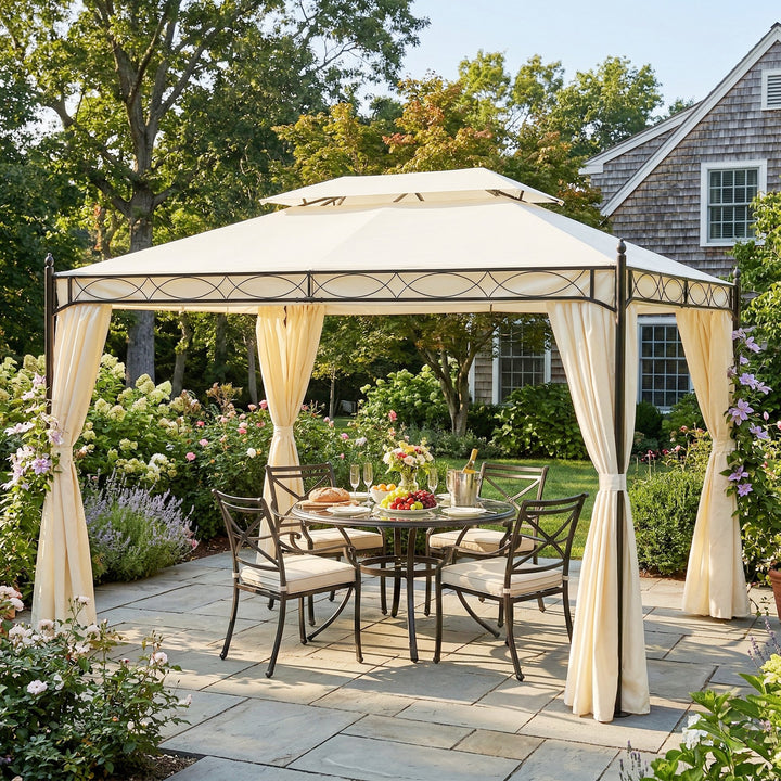 Pérgola de Jardim 4x3 m Pérgola de Jardim com Telhado Duplo 4 Cortinas Estrutura de Aço 8 Orifícios de Drenagem Anti-UV Tenda para Exterior Terraço Pátio Creme
