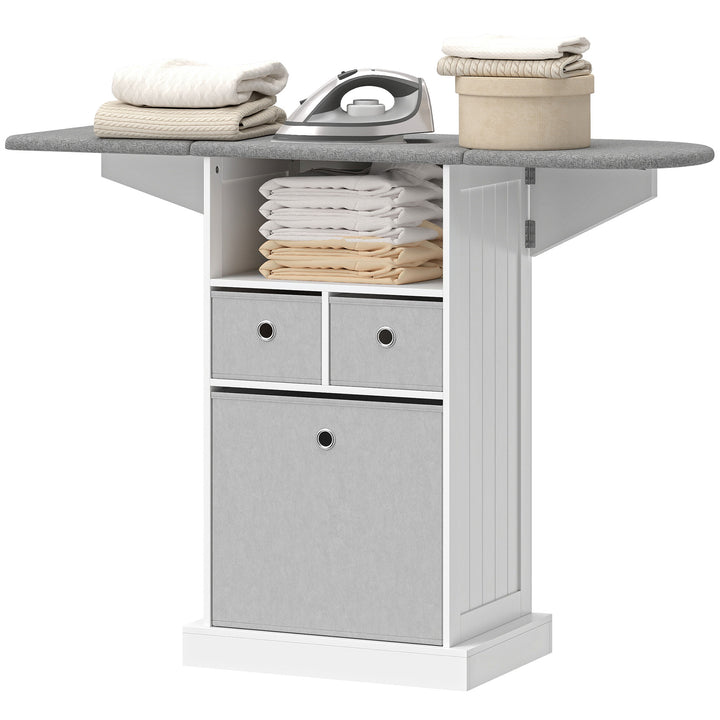 Móvel para Engomar Roupa com Rodas Tábua de Engomar Dobrável Móvel de Engomar com 3 Gavetas de Tecido Compartimento Aberto 121x37x89,5 cm Branco