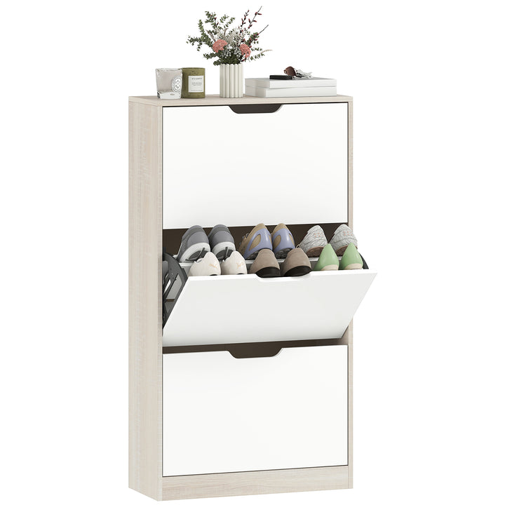 Sapateira de Madeira com 3 Compartimentos Abatíveis e Prateleiras de Armazenamento com Capacidade para 12 Pares de Sapatos para Entrada Corredor Dormitório 62,5x26x117,5 cm Branco e Madeira