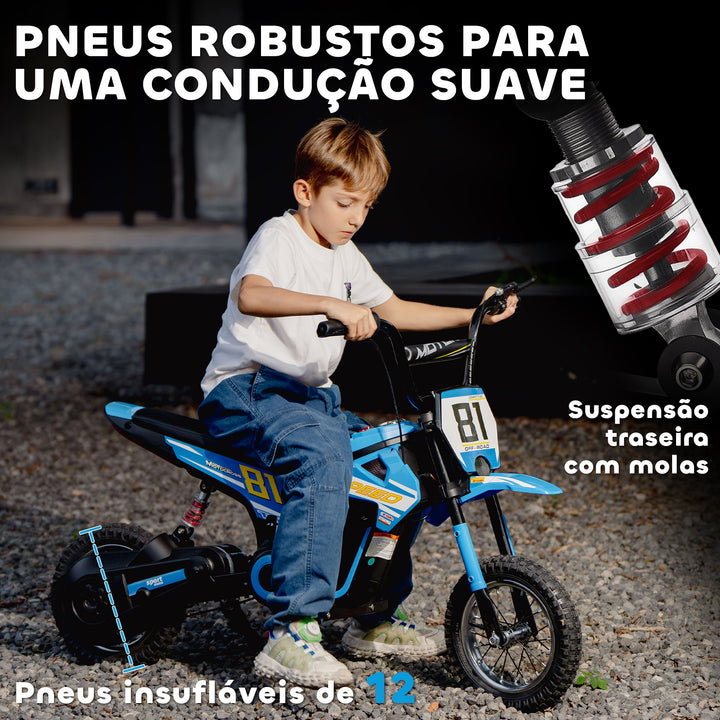 Mota Elétrica para Crianças 24V Mota Elétrica Infantil com Motor 250W Velocidade de 6-16km/h Rodas de Ø30,5 cm e Suspensão Traseira para Crianças de 8-12 Anos 119x64x76,5 cm Azul