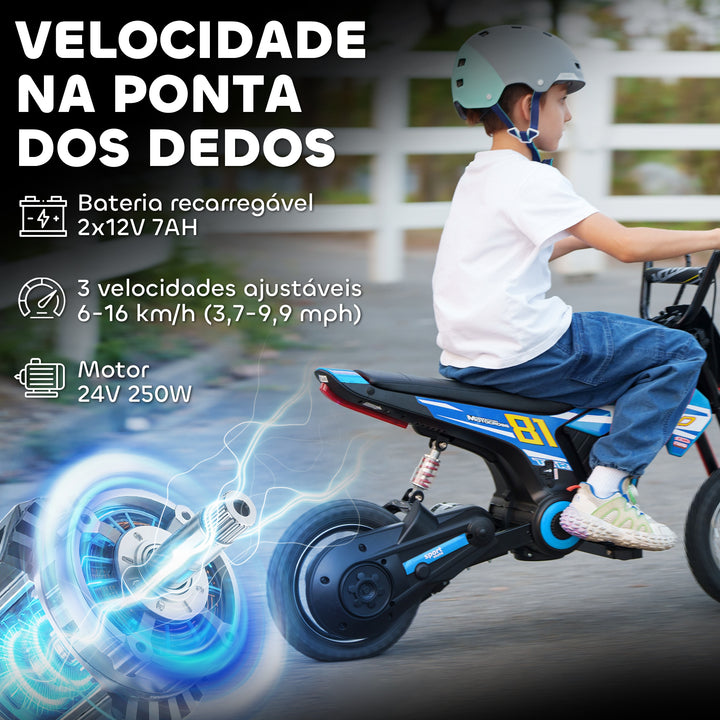 Mota Elétrica para Crianças 24V Mota Elétrica Infantil com Motor 250W Velocidade de 6-16km/h Rodas de Ø30,5 cm e Suspensão Traseira para Crianças de 8-12 Anos 119x64x76,5 cm Azul