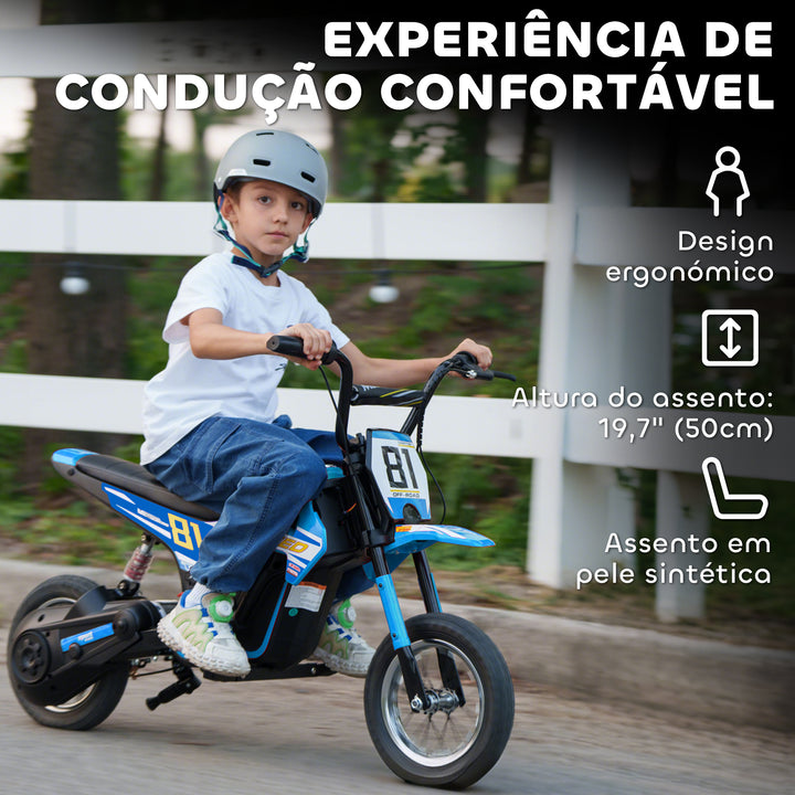 Mota Elétrica para Crianças 24V Mota Elétrica Infantil com Motor 250W Velocidade de 6-16km/h Rodas de Ø30,5 cm e Suspensão Traseira para Crianças de 8-12 Anos 119x64x76,5 cm Azul