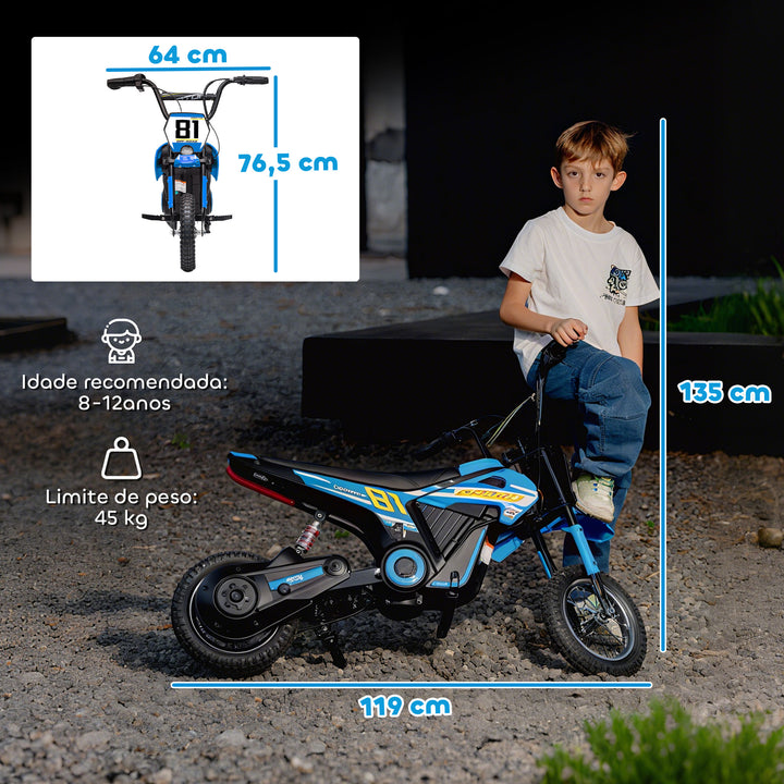 Mota Elétrica para Crianças 24V Mota Elétrica Infantil com Motor 250W Velocidade de 6-16km/h Rodas de Ø30,5 cm e Suspensão Traseira para Crianças de 8-12 Anos 119x64x76,5 cm Azul