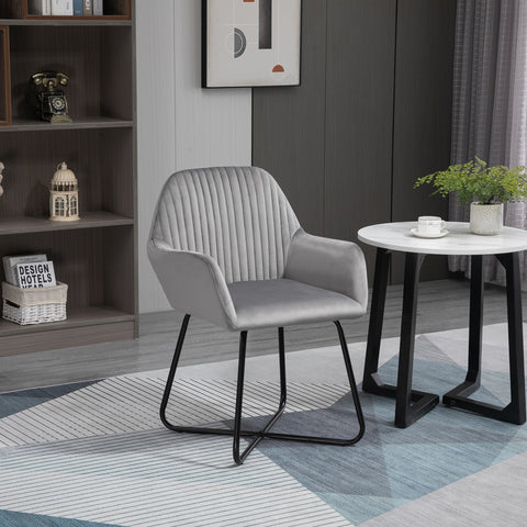 Cadeira de Sala de Jantar Cadeira Estofada em Veludo com Assento Acolchoado Base Metálica Cruzada Cadeira de Leitura para Sala de Estar Quarto 60x56,5x85 cm Cinza