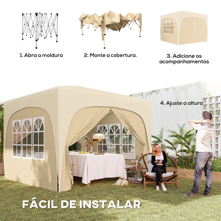 Tenda Dobrável Tenda 3x3 m com Painéis Laterais UPF50+ Tenda de Jardim com Altura Ajustável e Bolsa de Transporte para Campismo Festas Pátio Areia