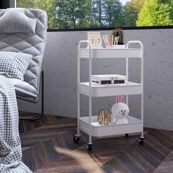 Carrinho Auxiliar de 3 Níveis com Rodas Carrinho de Armazenamento Deslizante com 3 Prateleiras 4 Rodas e 2 Travões para Cozinha Sala 45x30,6x79 cm Branco