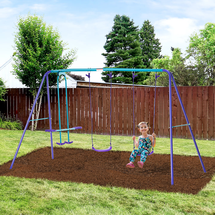 Conjunto de Baloiços de Jardim de Metal com Altura Ajustável Baloiços para Crianças acima de 3 Anos com Baloiço Duplo Baloiço para Pátio Exterior 280x140x178 cm Azul e Roxo