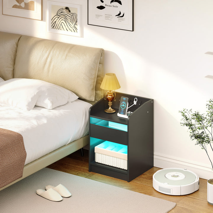 Mesa de Cabeceira com Luzes LED Mesa de Cabeceira com Gaveta Prateleira Estação de Carregamento Entrada USB e Controlo Remoto 40x40x58 cm Branco