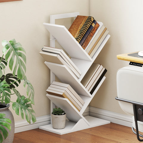 Estante em Forma de Árvore de 5 Níveis Estante de Livros com 5 Prateleiras e Estrutura de Aço para Sala de Estar Escritório Estúdio Quarto 50x24x82 cm Branco