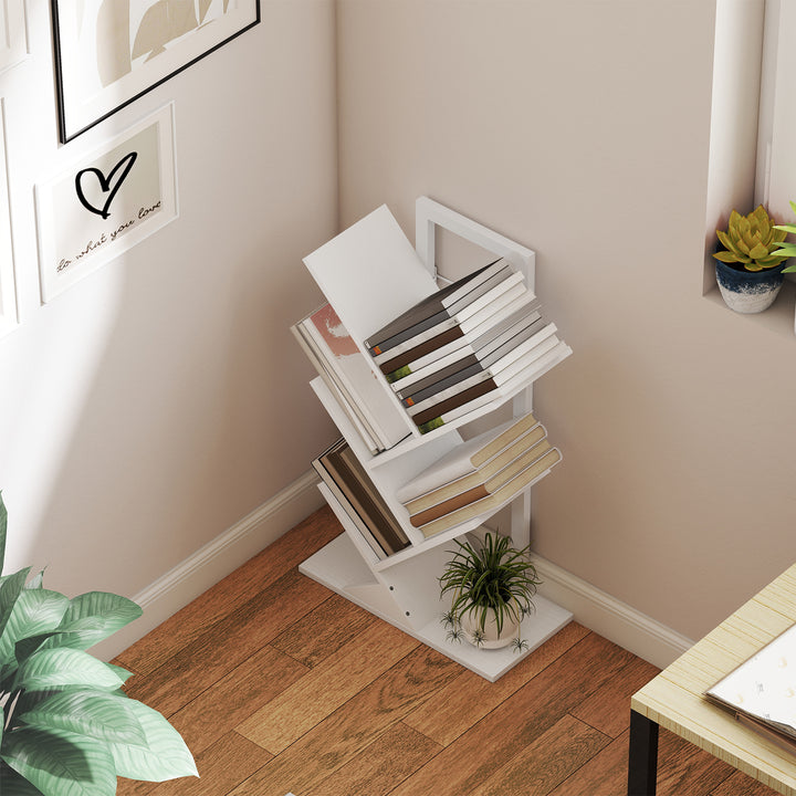 Estante em Forma de Árvore de 5 Níveis Estante de Livros com 5 Prateleiras e Estrutura de Aço para Sala de Estar Escritório Estúdio Quarto 50x24x82 cm Branco
