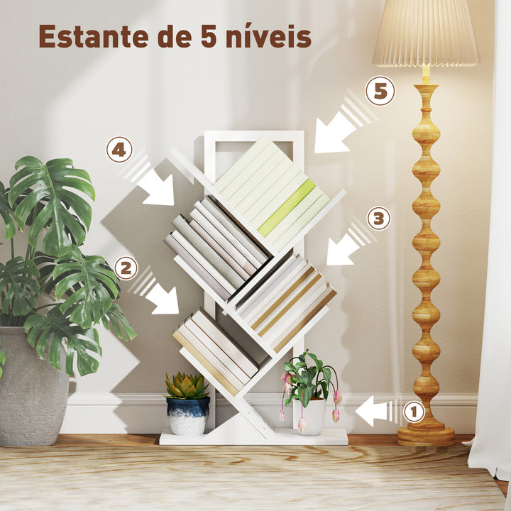 Estante em Forma de Árvore de 5 Níveis Estante de Livros com 5 Prateleiras e Estrutura de Aço para Sala de Estar Escritório Estúdio Quarto 50x24x82 cm Branco