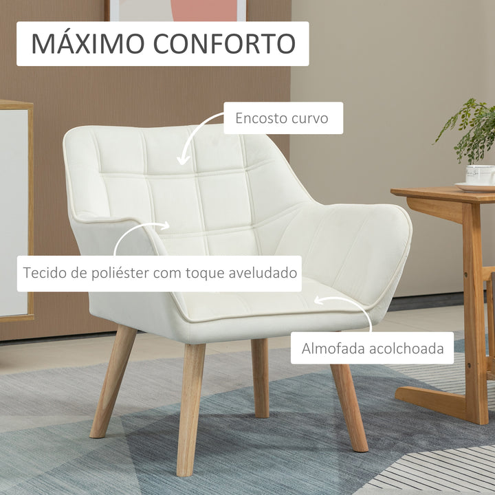 Poltrona Moderna Poltrona de Leitura Estofada em Veludo com Assento Amplo Pés em Madeira Poltrona Relax para Sala de Estar Quarto 67x61,5x71 cm Creme