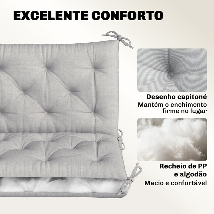 Almofada para Banco de Jardim com Encosto 150x98x8 cm Colchão de Banco de 3 Lugares para Interior e Exterior com Enchimento Espesso e Fitas de Fixação para Baloiço, Terraço Varanda Cinza Claro