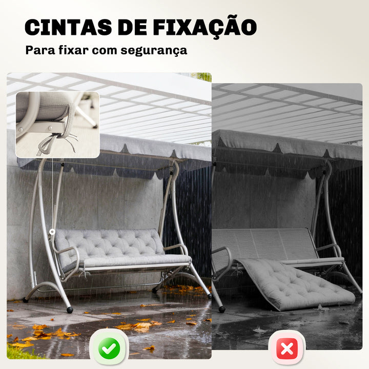 Almofada para Banco de Jardim com Encosto 150x98x8 cm Colchão de Banco de 3 Lugares para Interior e Exterior com Enchimento Espesso e Fitas de Fixação para Baloiço, Terraço Varanda Cinza Claro