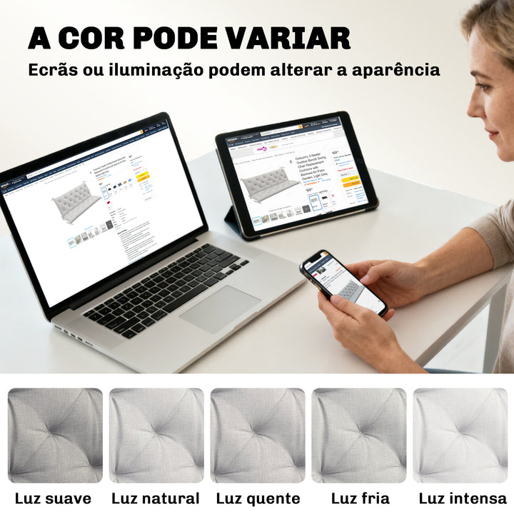 Almofada para Banco de Jardim com Encosto 150x98x8 cm Colchão de Banco de 3 Lugares para Interior e Exterior com Enchimento Espesso e Fitas de Fixação para Baloiço, Terraço Varanda Cinza Claro