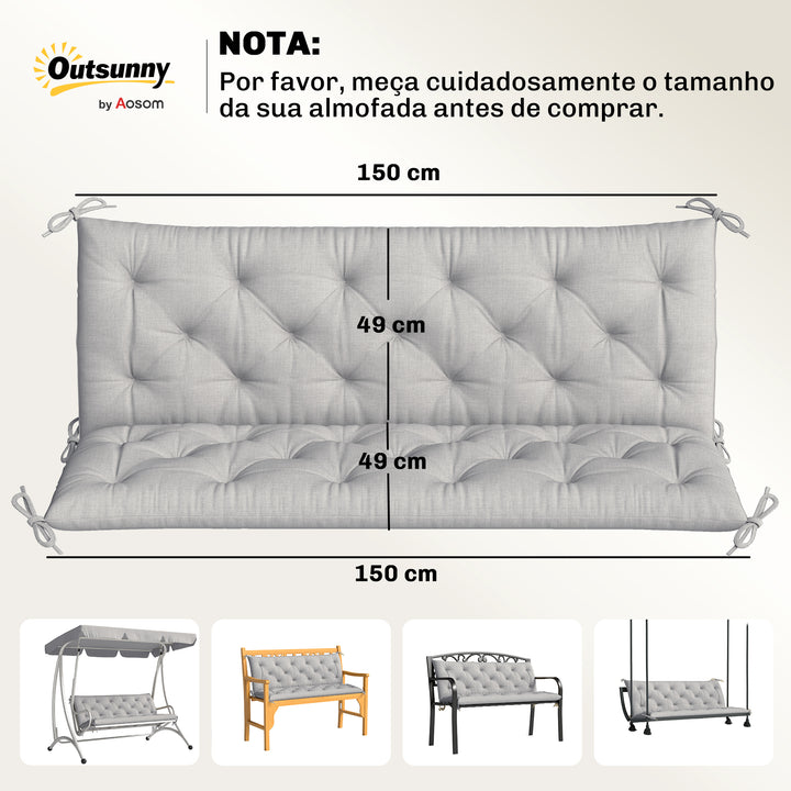 Almofada para Banco de Jardim com Encosto 150x98x8 cm Colchão de Banco de 3 Lugares para Interior e Exterior com Enchimento Espesso e Fitas de Fixação para Baloiço, Terraço Varanda Cinza Claro