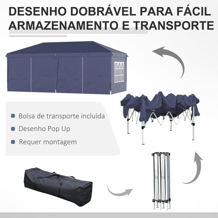 Tenda para Festas 585x295x270 cm com Paredes Laterais Amovíveis Tenda Dobrável com 2 Portas com Fecho de Correr 4 Janelas e Bolsa de Transporte Azul