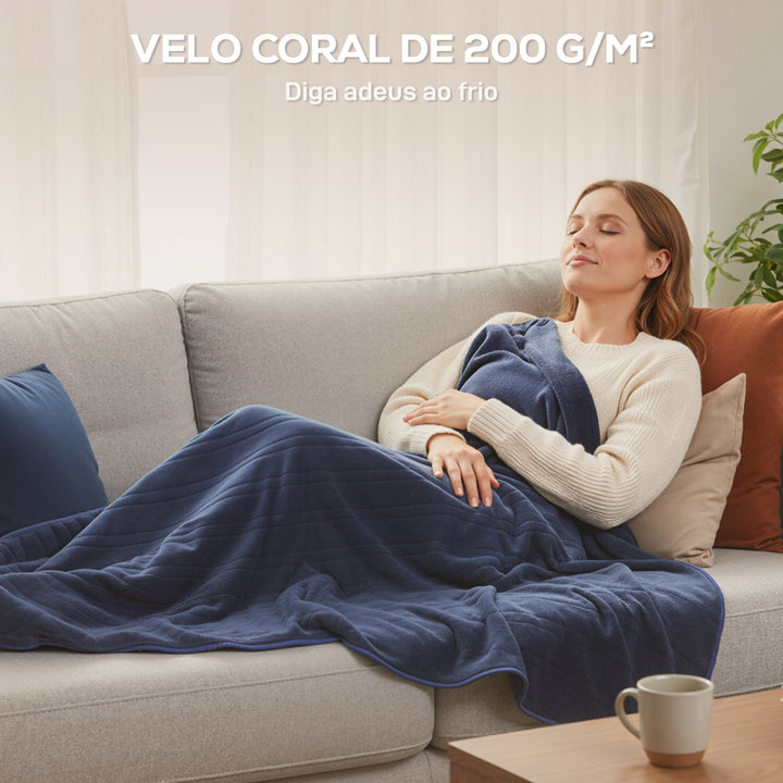 Manta Elétrica Grande 180x130 cm Manta Térmica Sofá de Coralina com 10 Níveis de Temperatura Temporizador Lavável na Máquina Ecrã LED e Proteção contra Sobreaquecimento Azul