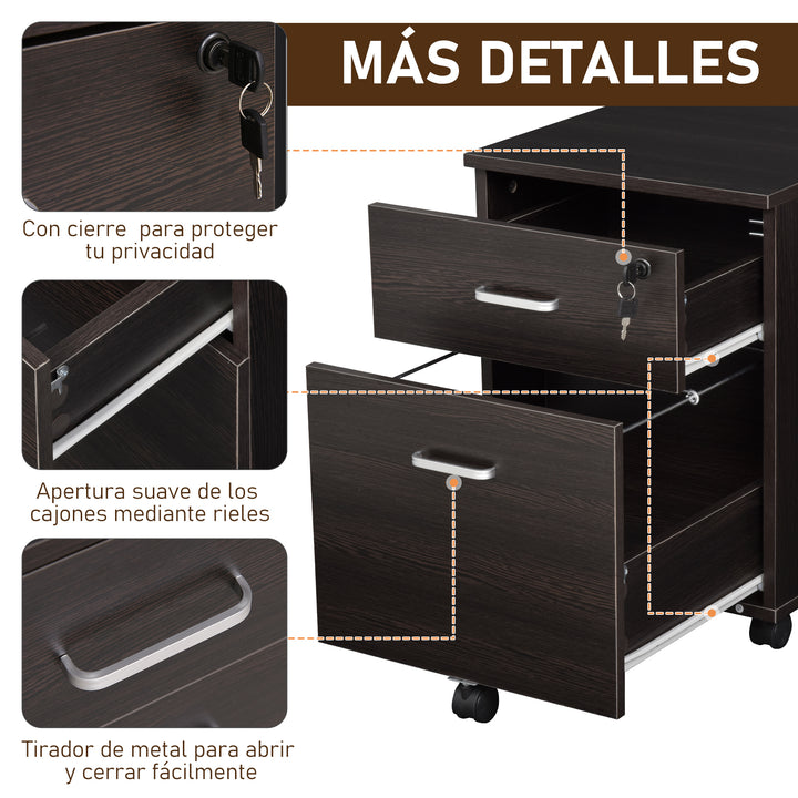 Armário de arquivo móvel de 2 gavetas com fechadura e 5 rodas 40x44x54,6cm preto