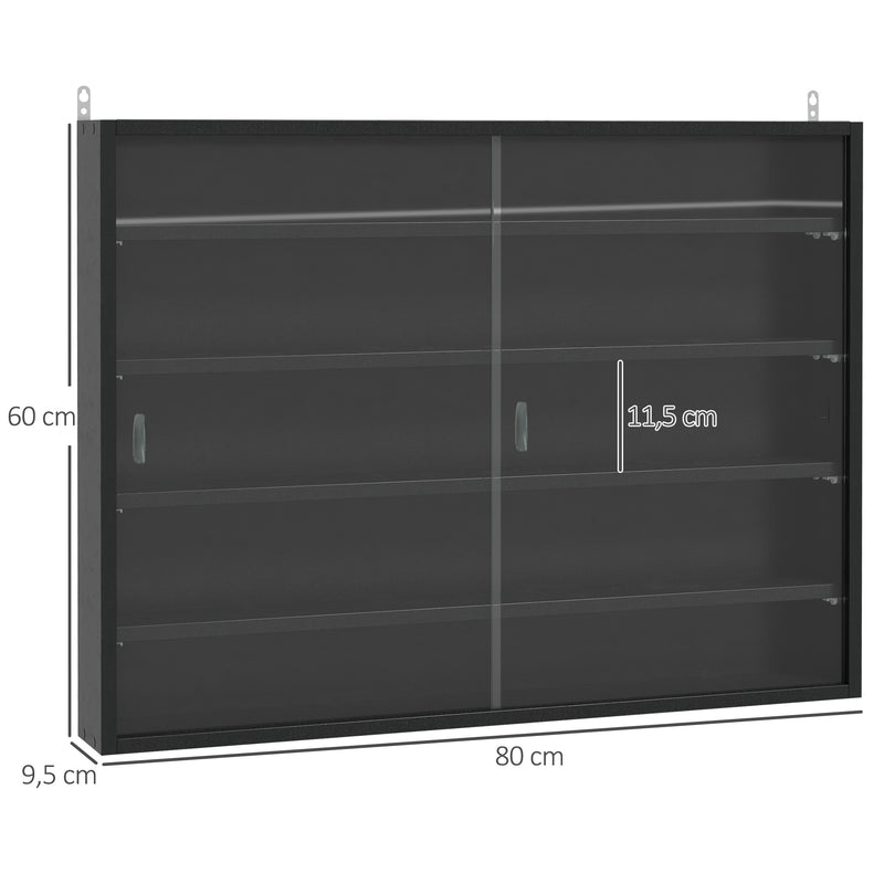 Vitrine de Parede de Madeira com Prateleiras Ajustáveis e 2 Portas Corredeiras de Vidro para Coleções Perfumes Bonecos de Decoração 80x9,5x60cm Preto