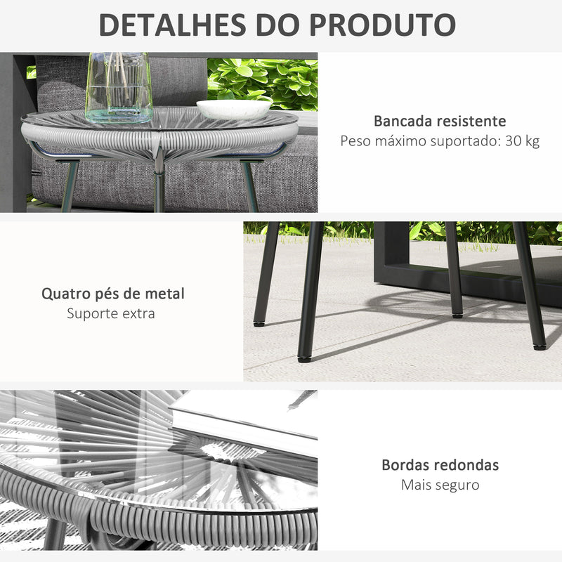 Mesa Auxiliar de Vime Sintético Mesa de Centro Redonda para Exteriores com Bancada de Vidro Temperado e Pés de Metal para Pátio Jardim Varanda Ø50x50 cm Cinza Claro e Preto