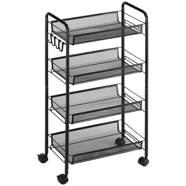 Carrinho Auxiliar com Rodas Carrinho de Cozinha de 4 Níveis Carrinho de Armazenamento com 4 Ganchos Carga 12 kg para Sala de Jantar Casa de Banho 45x26,5x84 cm Preto