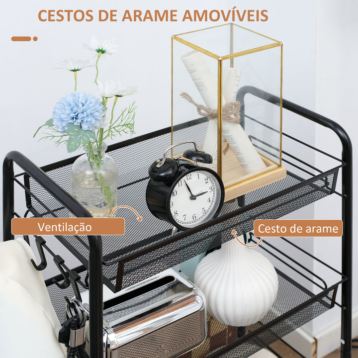 Carrinho Auxiliar com Rodas Carrinho de Cozinha de 4 Níveis Carrinho de Armazenamento com 4 Ganchos Carga 12 kg para Sala de Jantar Casa de Banho 45x26,5x84 cm Preto