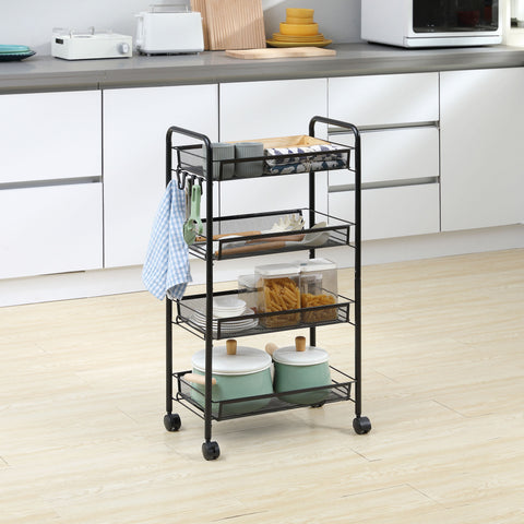 Carrinho Auxiliar com Rodas Carrinho de Cozinha de 4 Níveis Carrinho de Armazenamento com 4 Ganchos Carga 12 kg para Sala de Jantar Casa de Banho 45x26,5x84 cm Preto